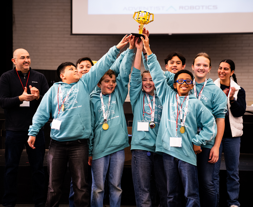 The Robo Falcons from Linda Vista Adventist Elementary celebrate winning the champion’s award.
